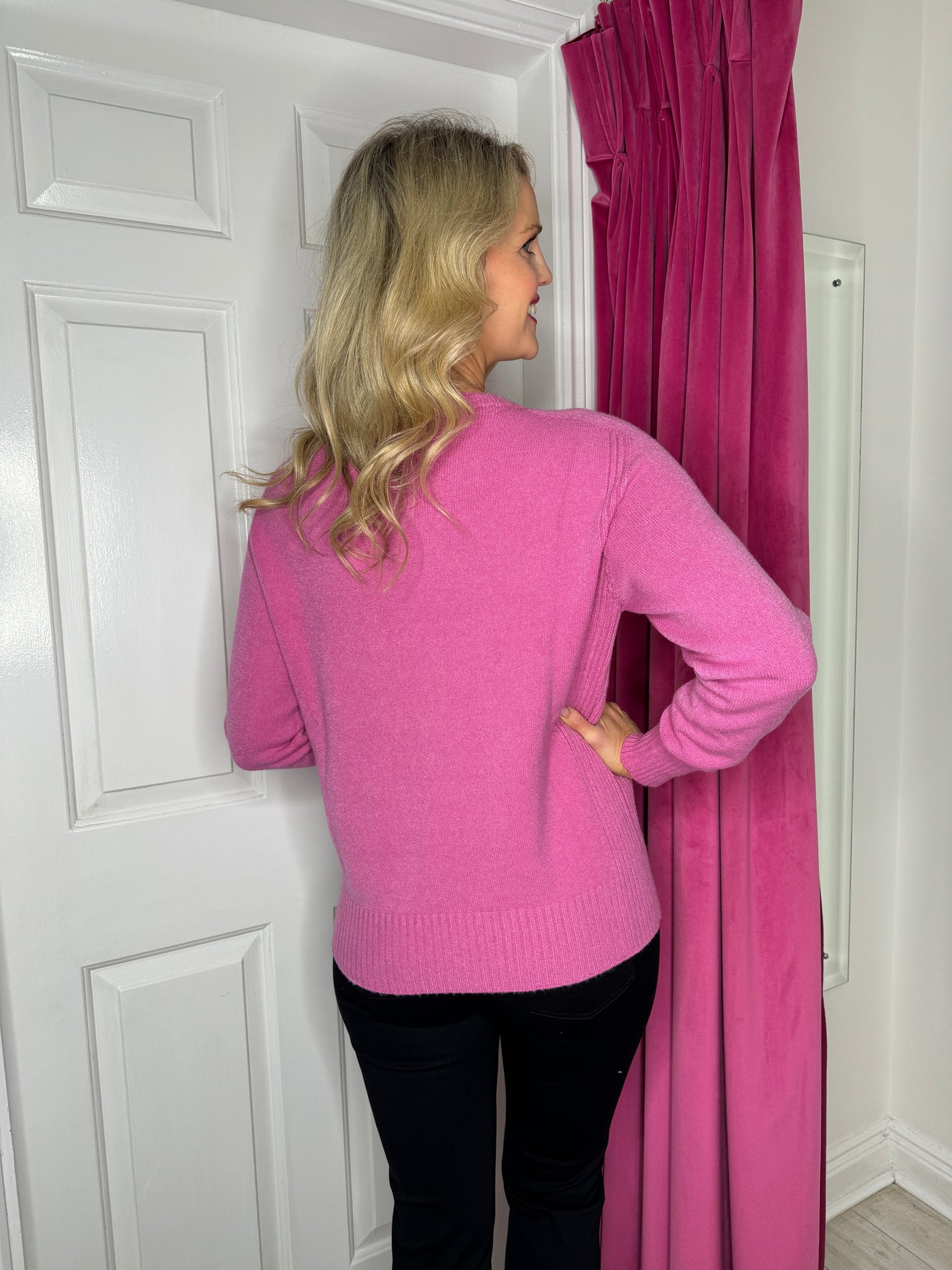 Pink Plain Knit Jumper With Ribbed Side & Cuffs