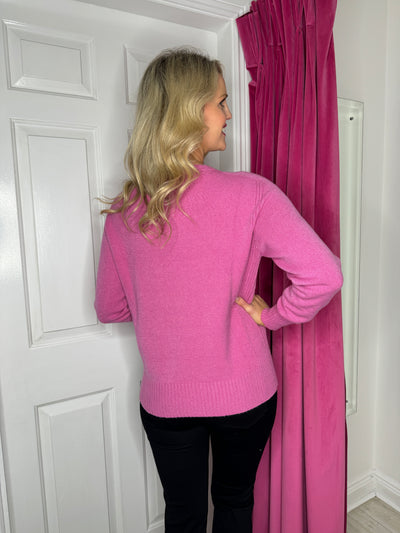 Pink Plain Knit Jumper With Ribbed Side & Cuffs