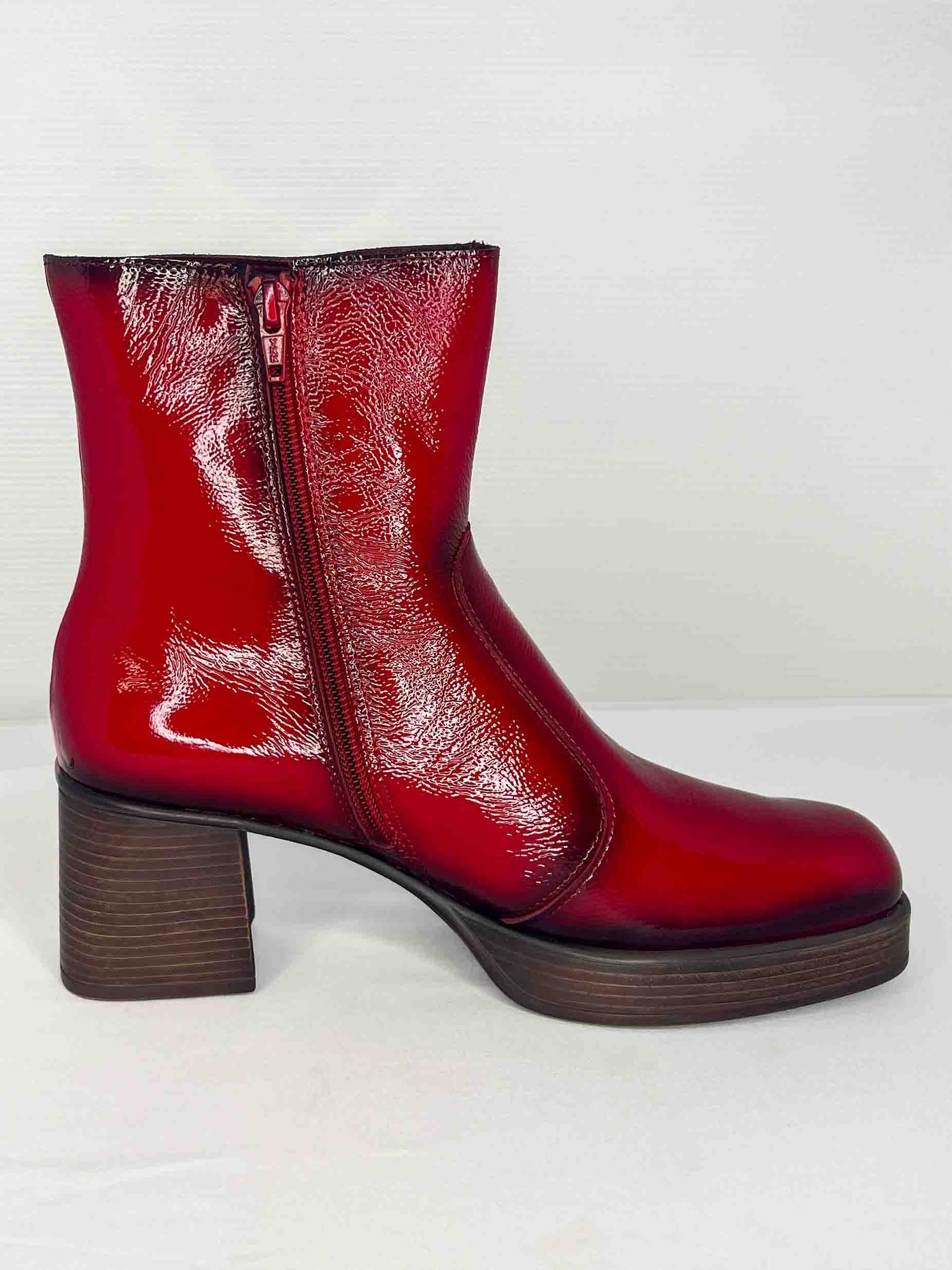 Red High Heel Block Boot With Zip