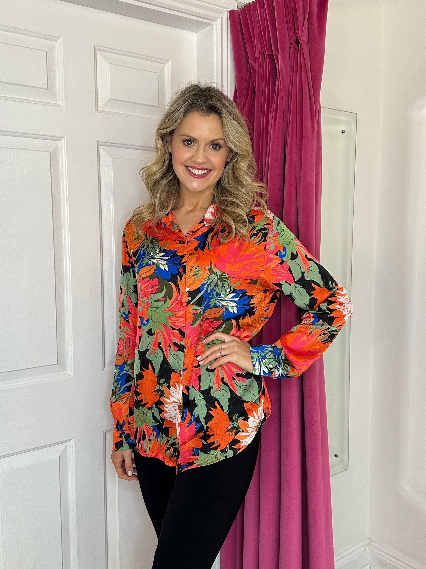 Orange Floral Print Silk Feel Shirt