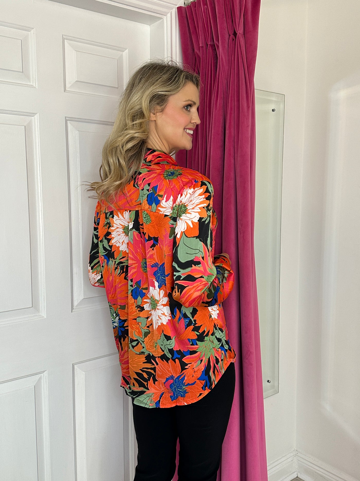 Orange Floral Print Silk Feel Shirt