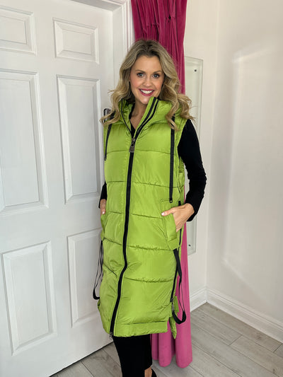 Olive Green Long Puffer Gilet with Side Zips