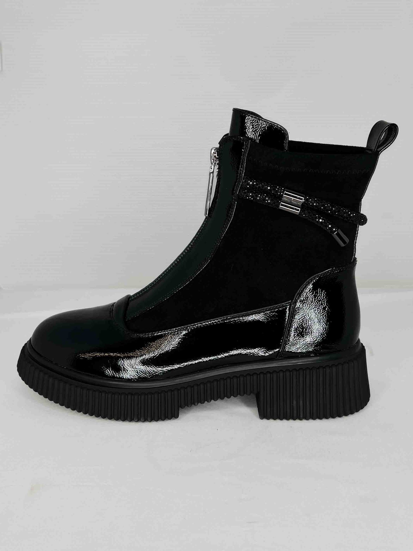 Black Patent/Suede Boot With Zip