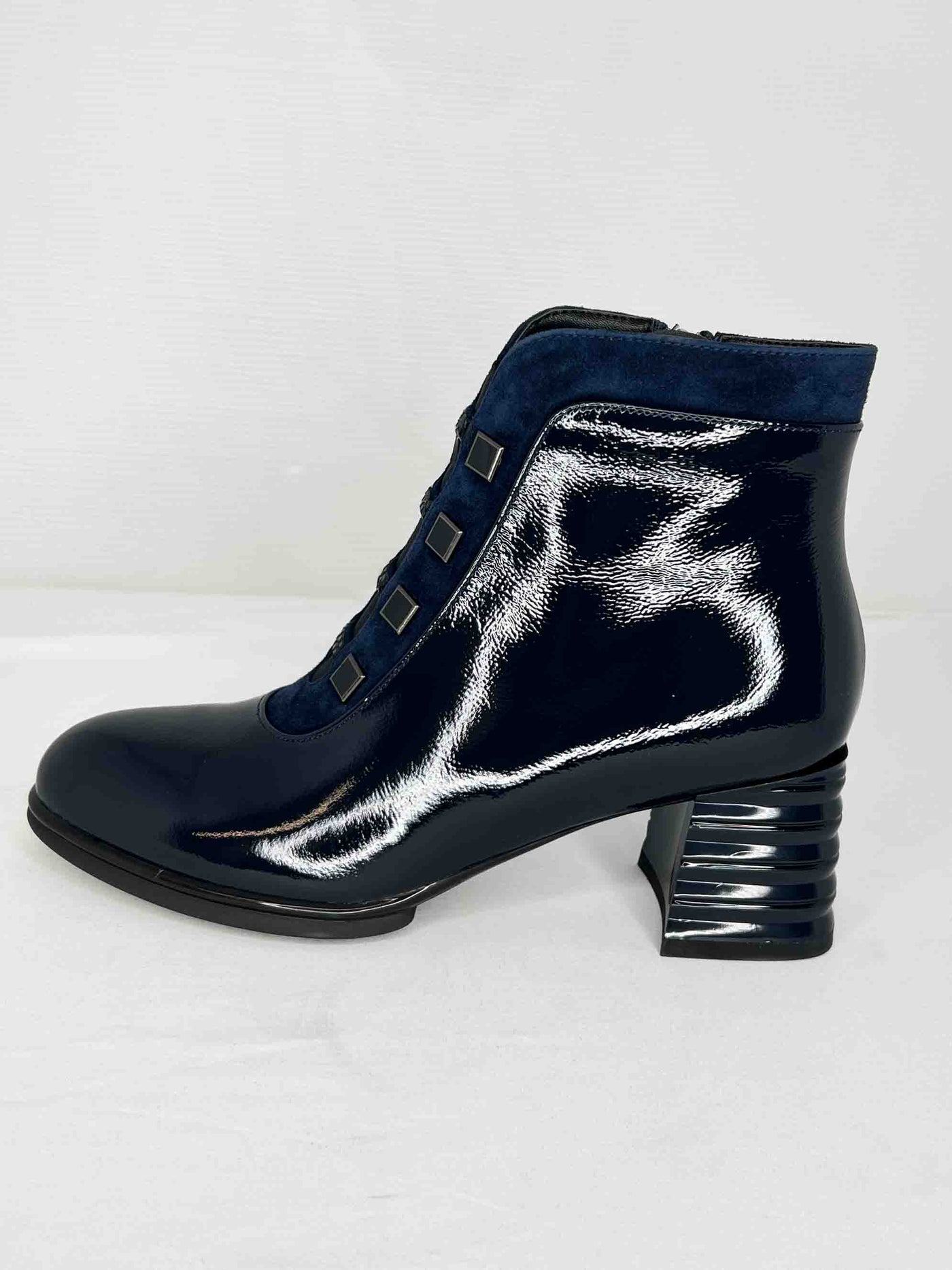 Navy Leatherette & Suede Heeled Boot