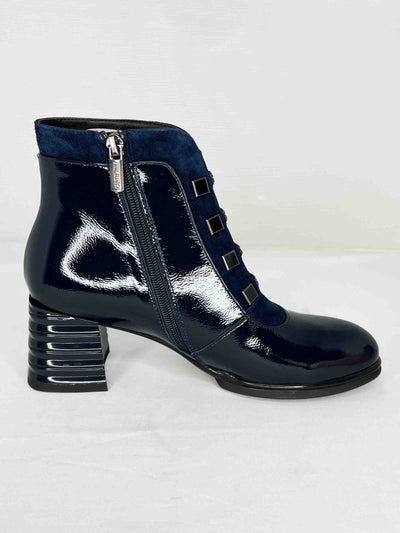 Navy Leatherette & Suede Heeled Boot