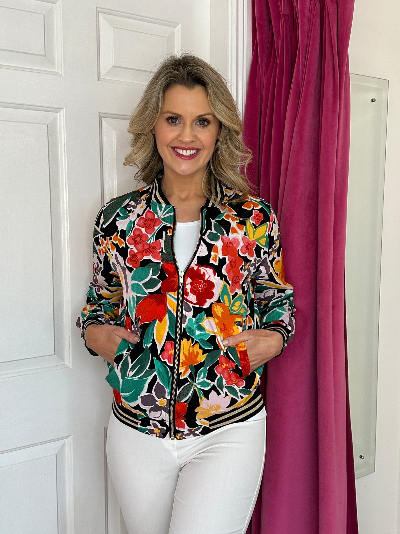 Lily Multicoloured Floral Zip-Up Jacket With Black Trim