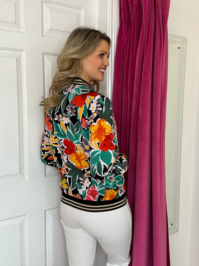 Lily Multicoloured Floral Zip-Up Jacket With Black Trim