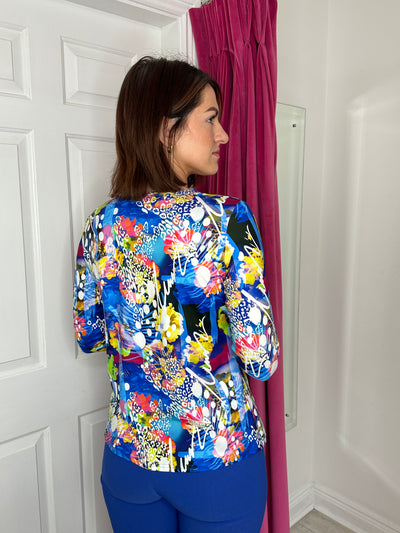 Multicolour Abstract Print Button Up Top with 3/4 Sleeves & Pocket Detail