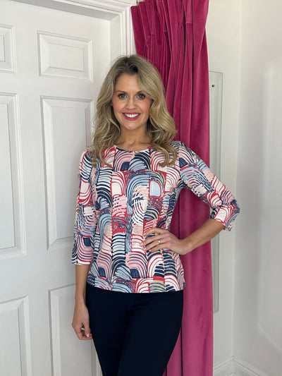 Coral/Blue/White Abstract Print Top