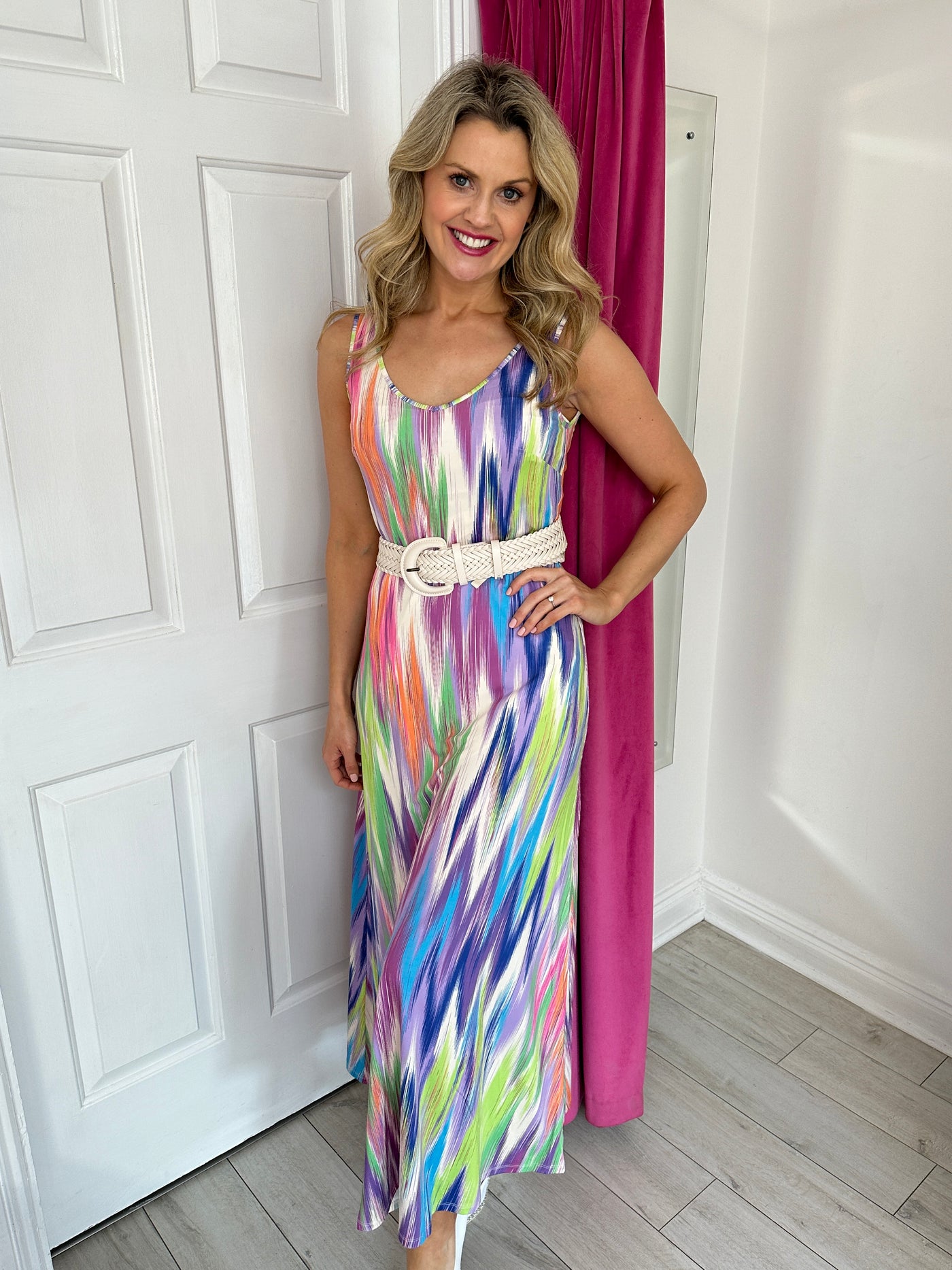 Multicoloured Maxi Dress With Beige Braided Belt