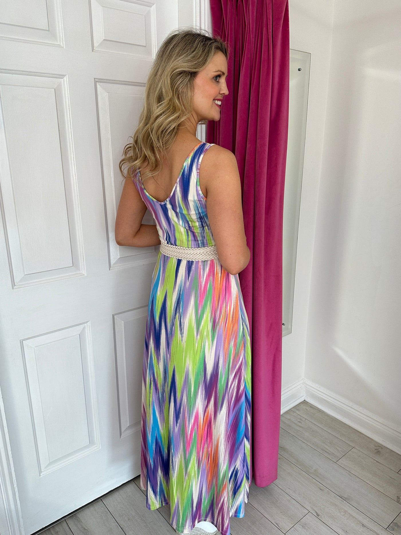 Multicoloured Maxi Dress With Beige Braided Belt