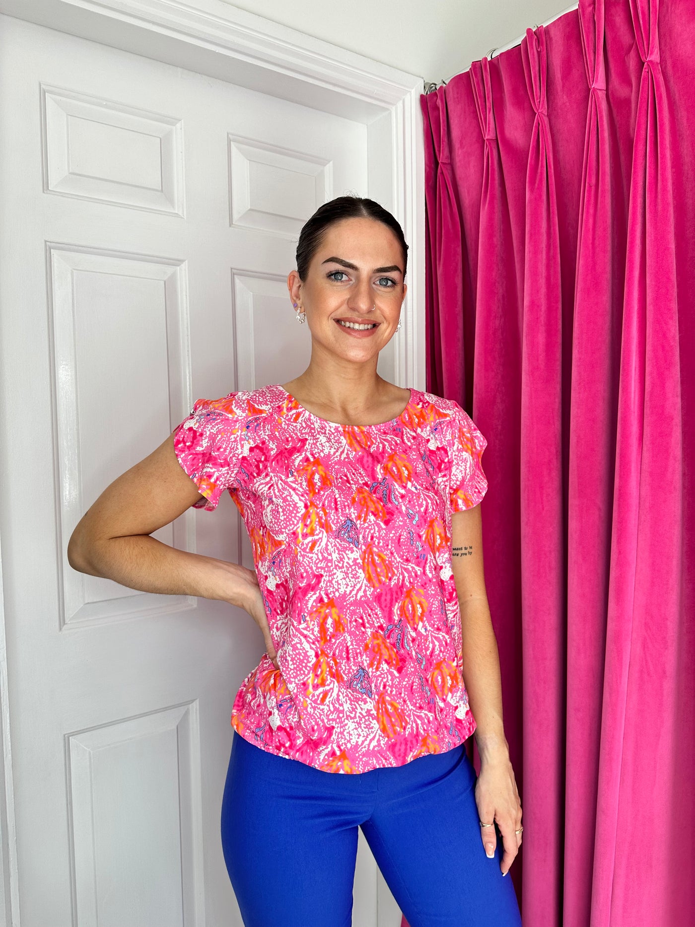 Multicoloured Abstract Print Top with Overlapping Sleeve Detail and Elasticated Waist