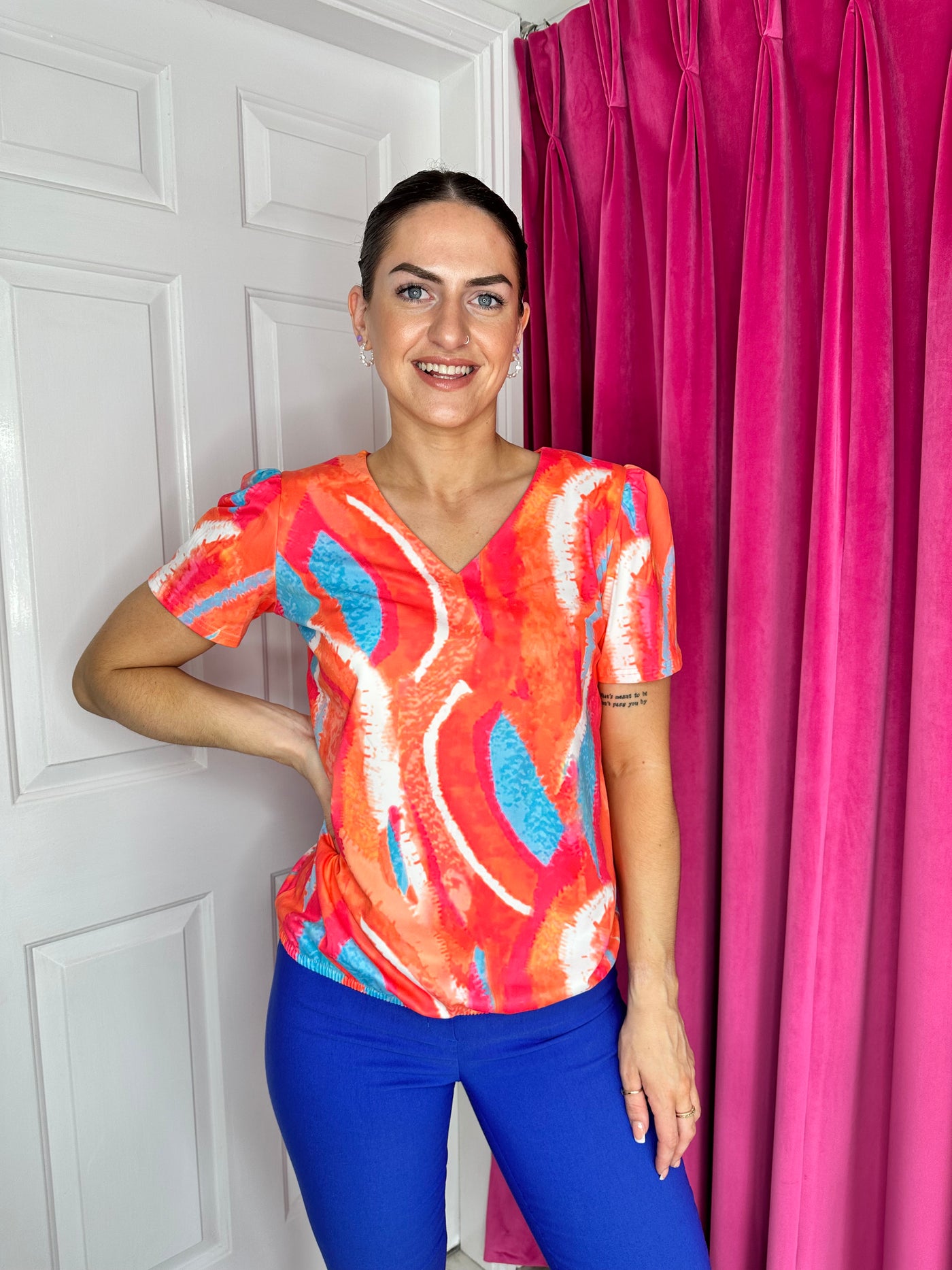 Orange and Blue Abstract Print With Elasticated Waist and V-Neck