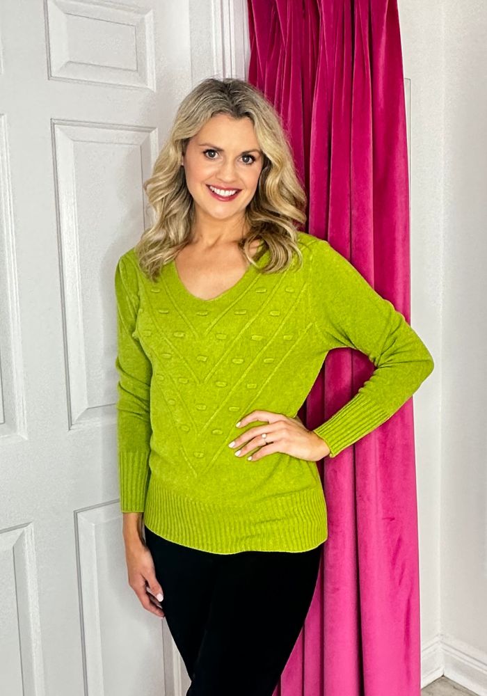 Lime Green Knit Jumper with V-Neck & Embossed Detail