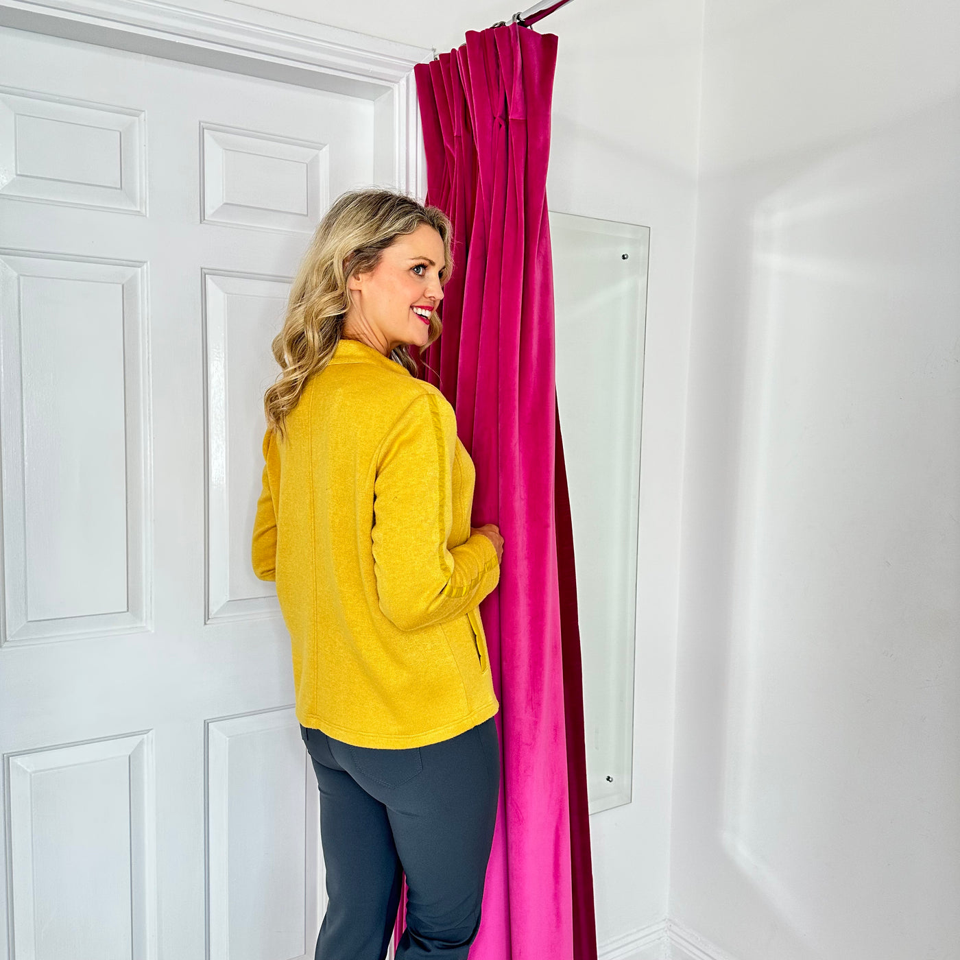 Mustard Zip Up Jacket with Round Neck and Pockets