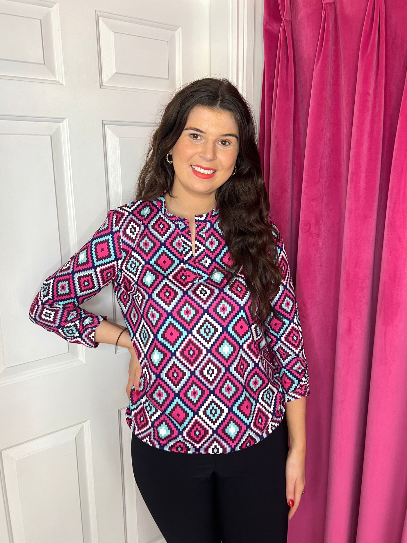 Light Blue, Pink & Maroon Geometric Print Top with Elasticated Waist