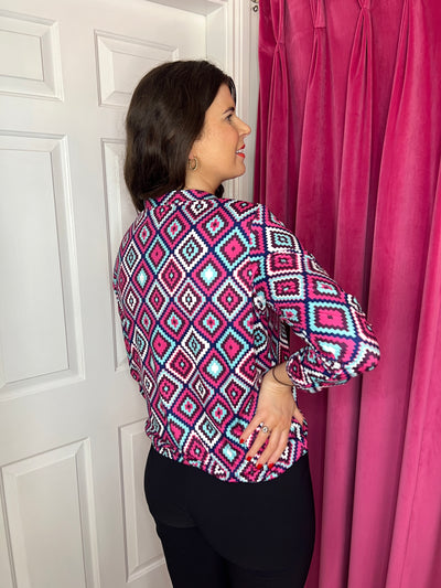 Light Blue, Pink & Maroon Geometric Print Top with Elasticated Waist