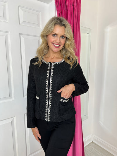 Black Woven Jacket With Pearl Detailing