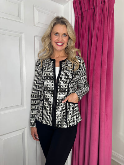 Monochrome Geometric Print Zip up Jacket with Black Piping & Pockets