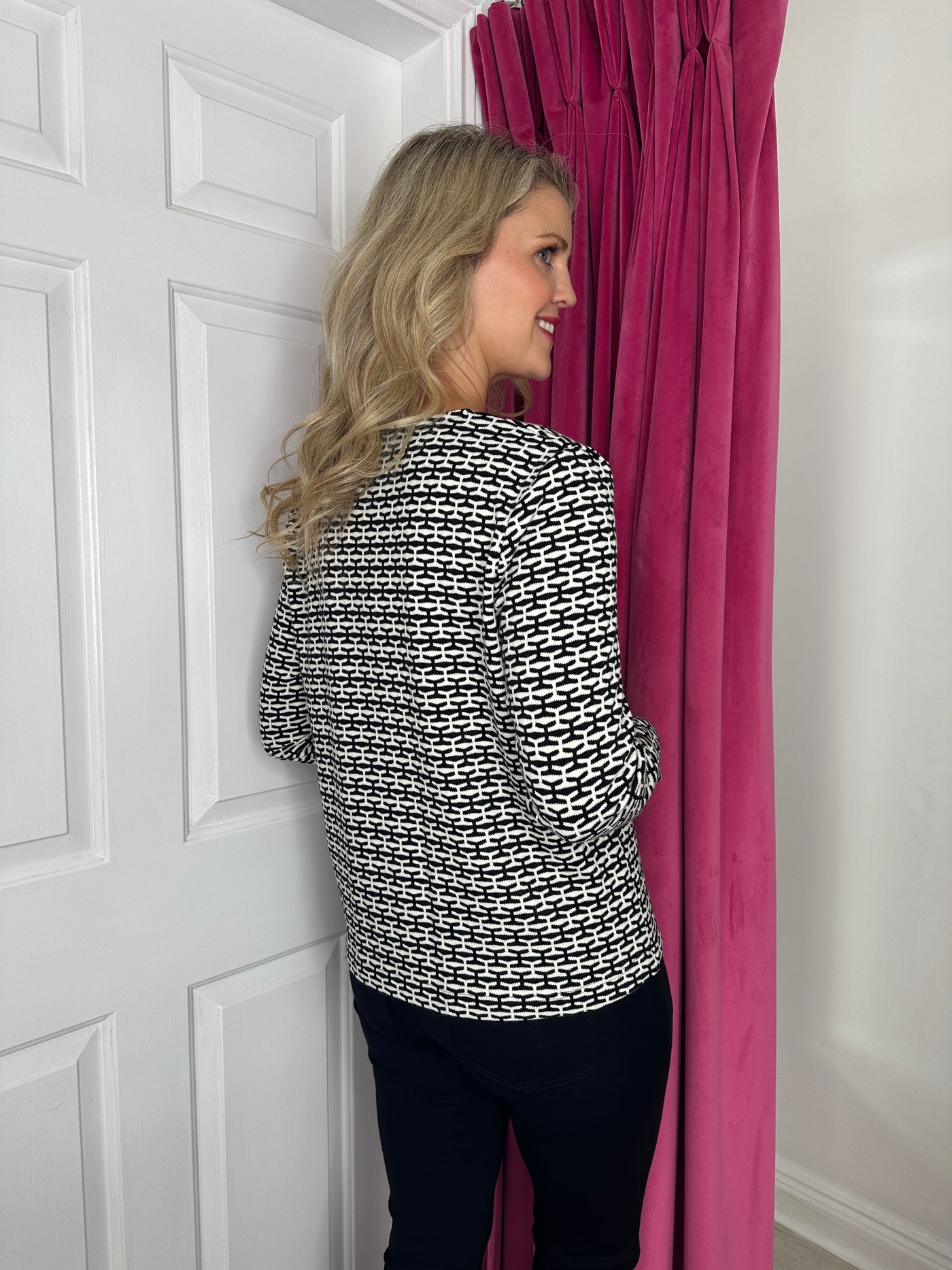 Monochrome Geometric Print Zip up Jacket with Black Piping & Pockets