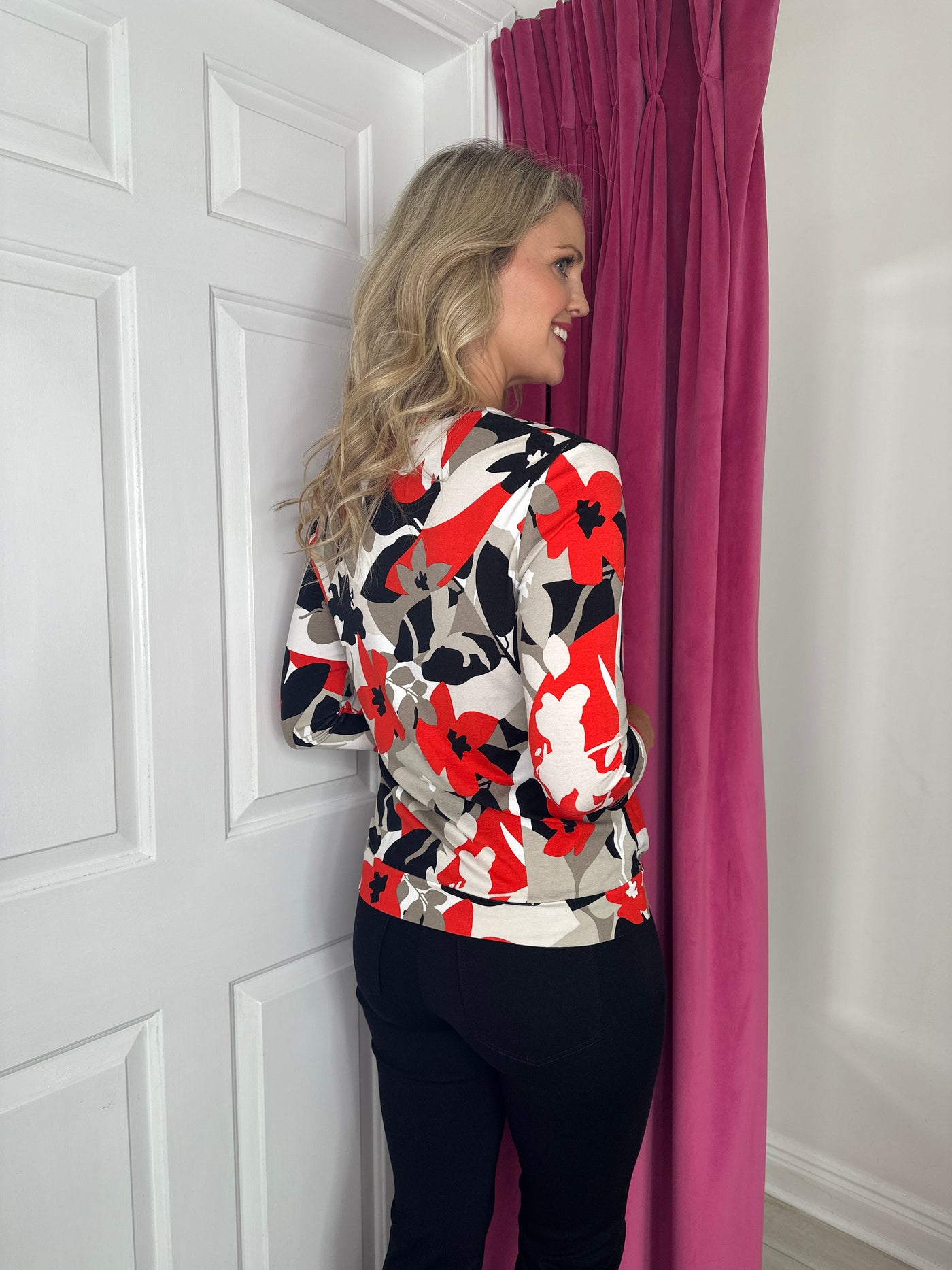 Cream, Red & Black Round Neck Top with Front Pleat