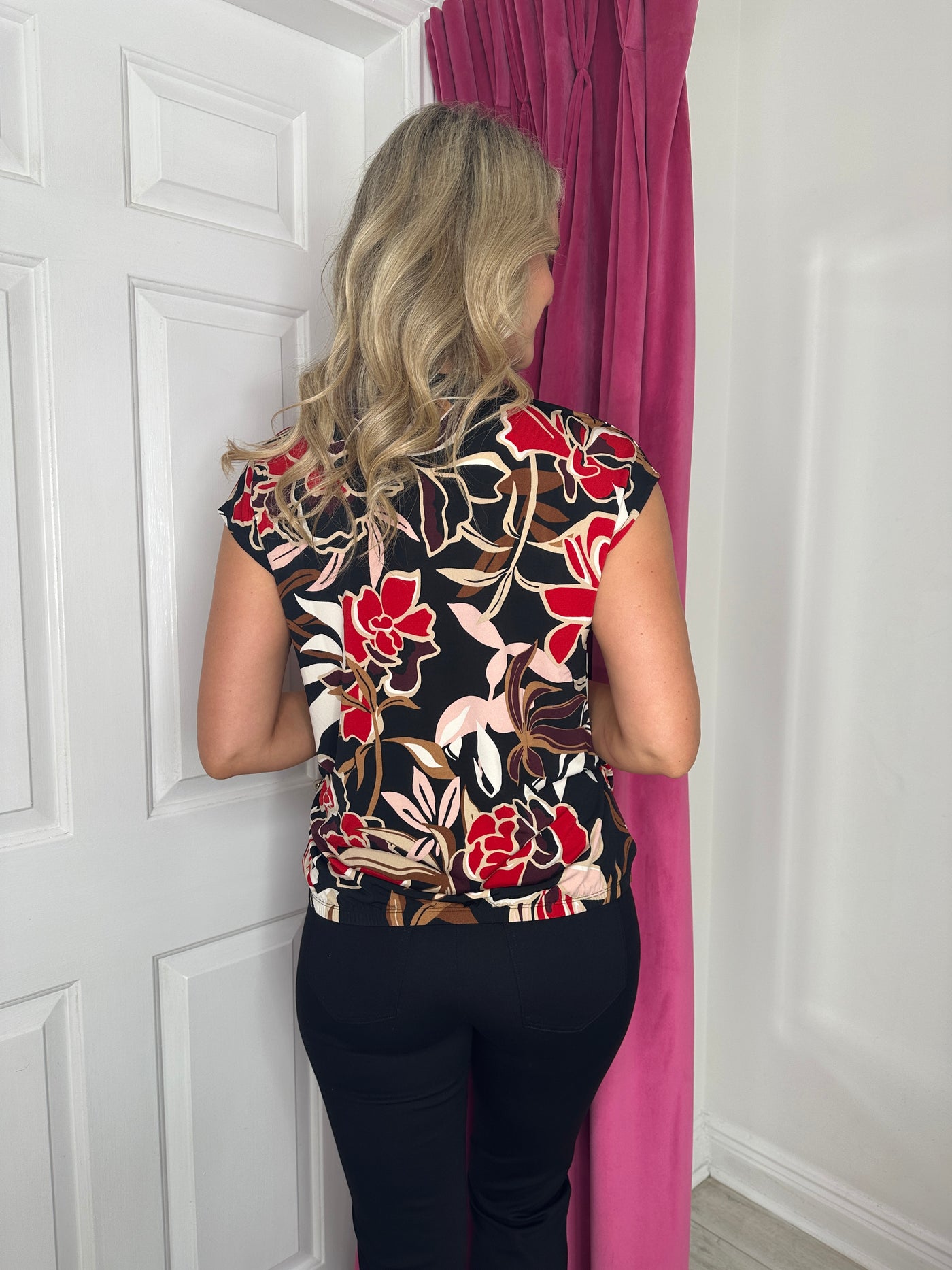 Red, Black & Beige Floral V-Neck Top