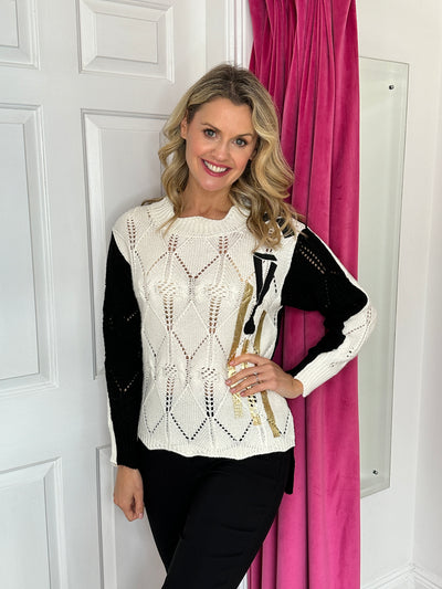 Cream & Black Knit High Low Jumper with Gold Detail