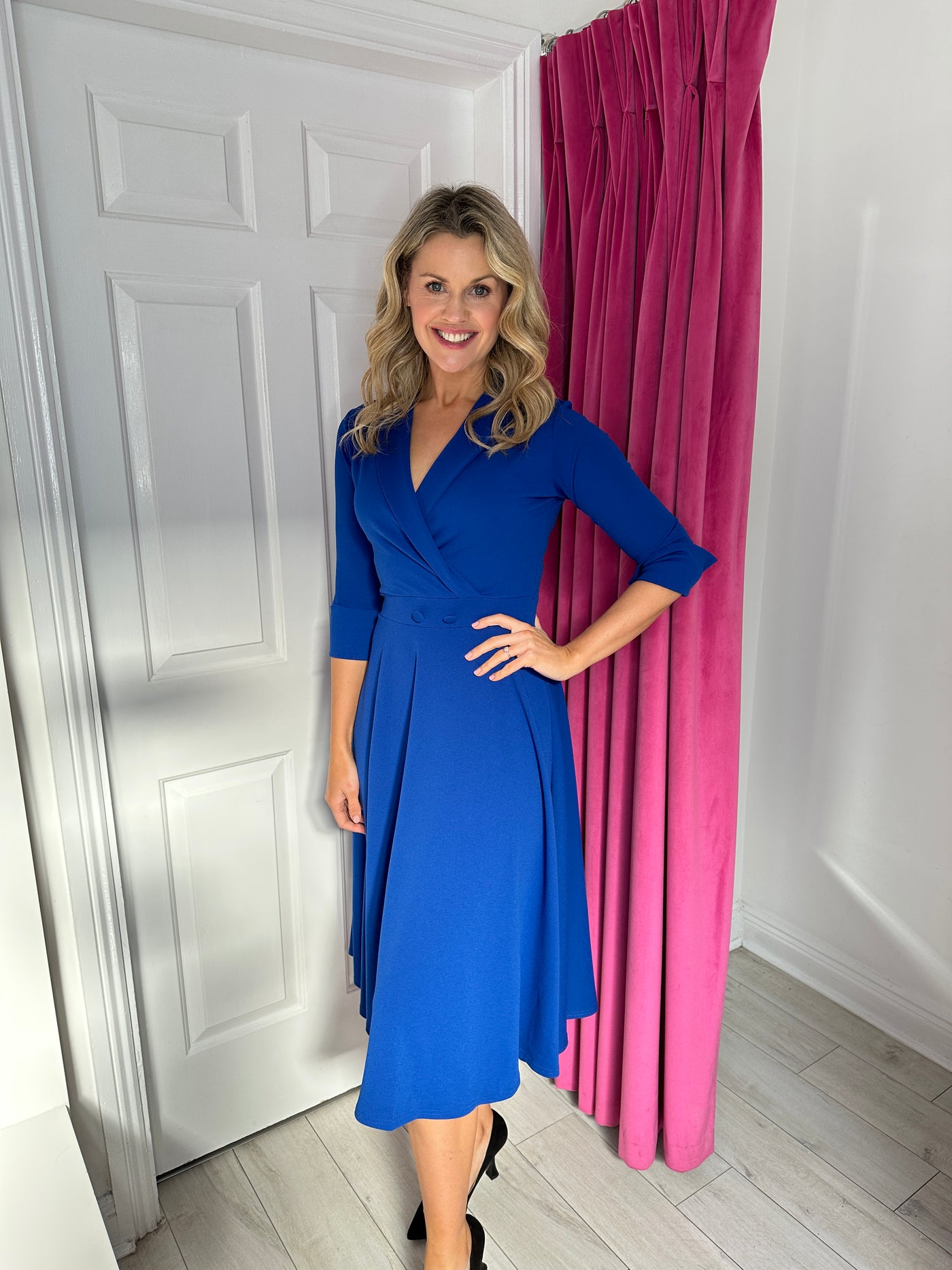 Royal Blue V-Neck Dress with Front Buttons
