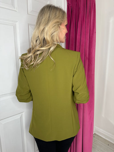 Olive Green Blazer with Rouched Sleeve Detail