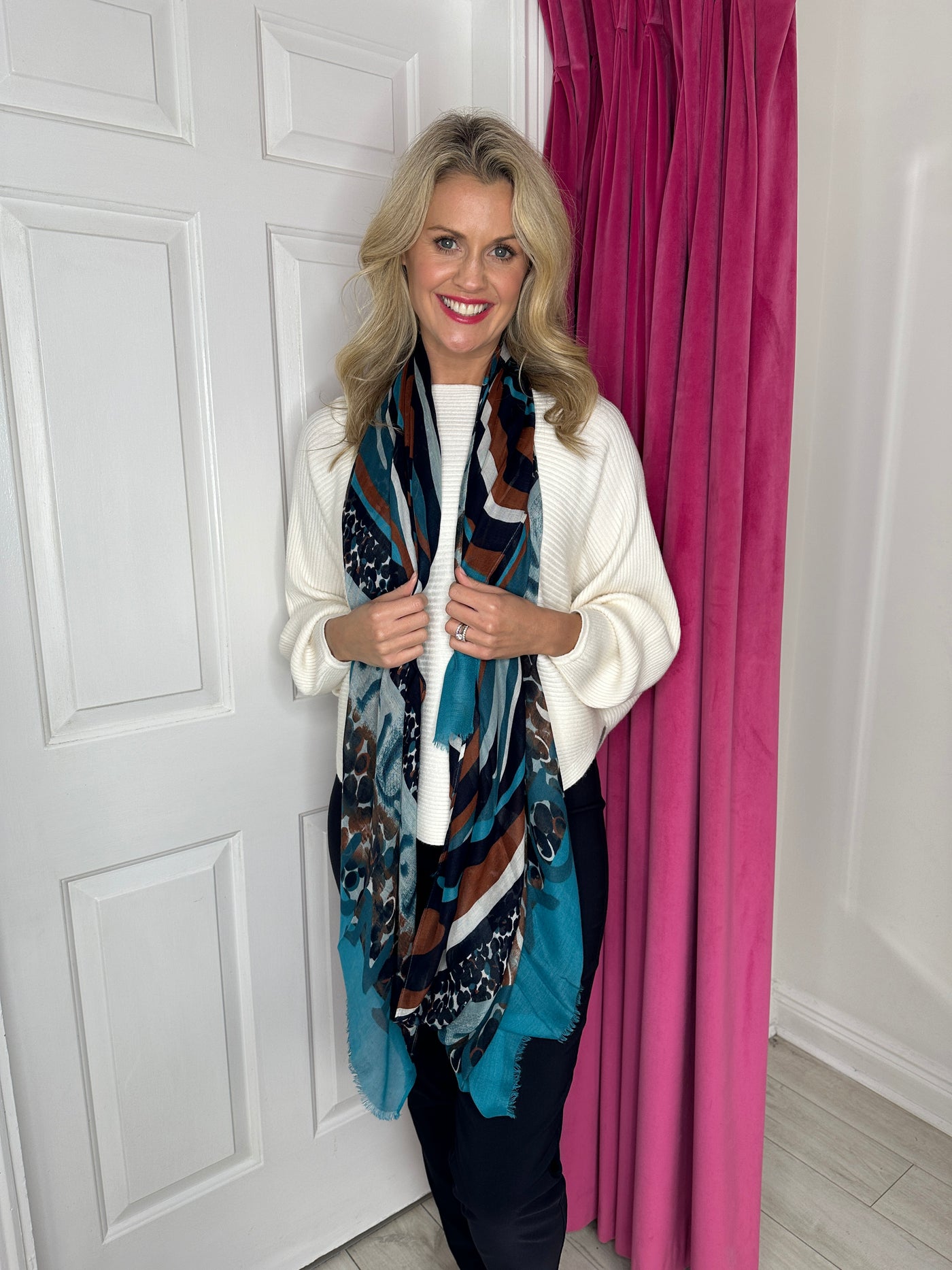 Navy, Teal and Brown Abstract Print Scarf