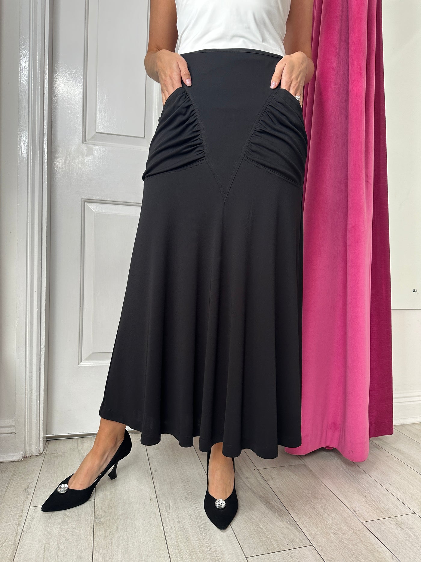 Long Black Skirt with Draped Pocket Detail