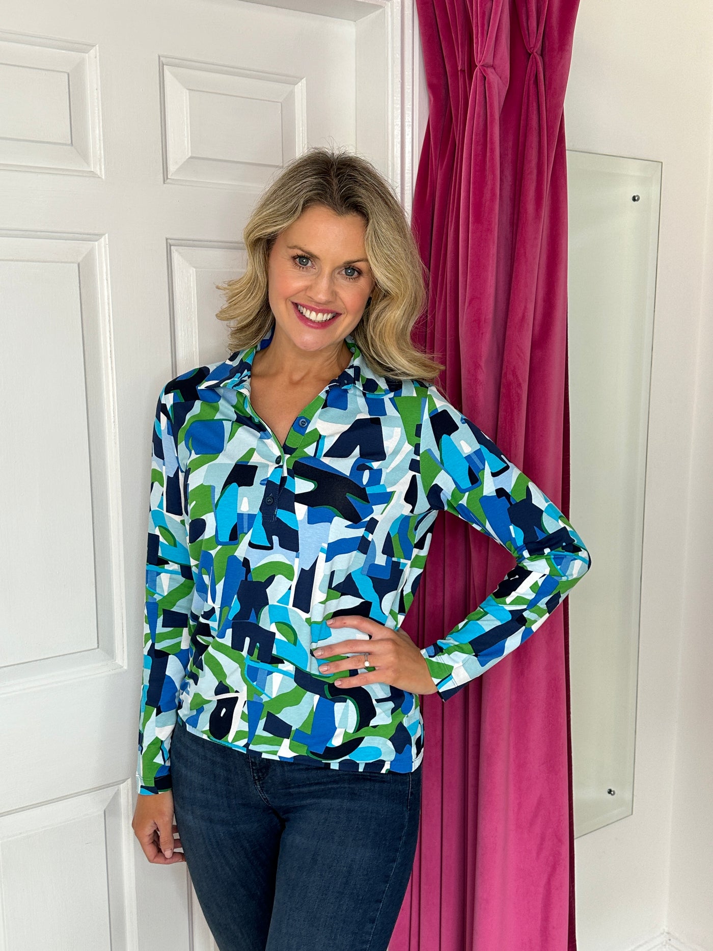 Blue, Green & Black Abstract Print Long Sleeve Top with Buttons & Collar