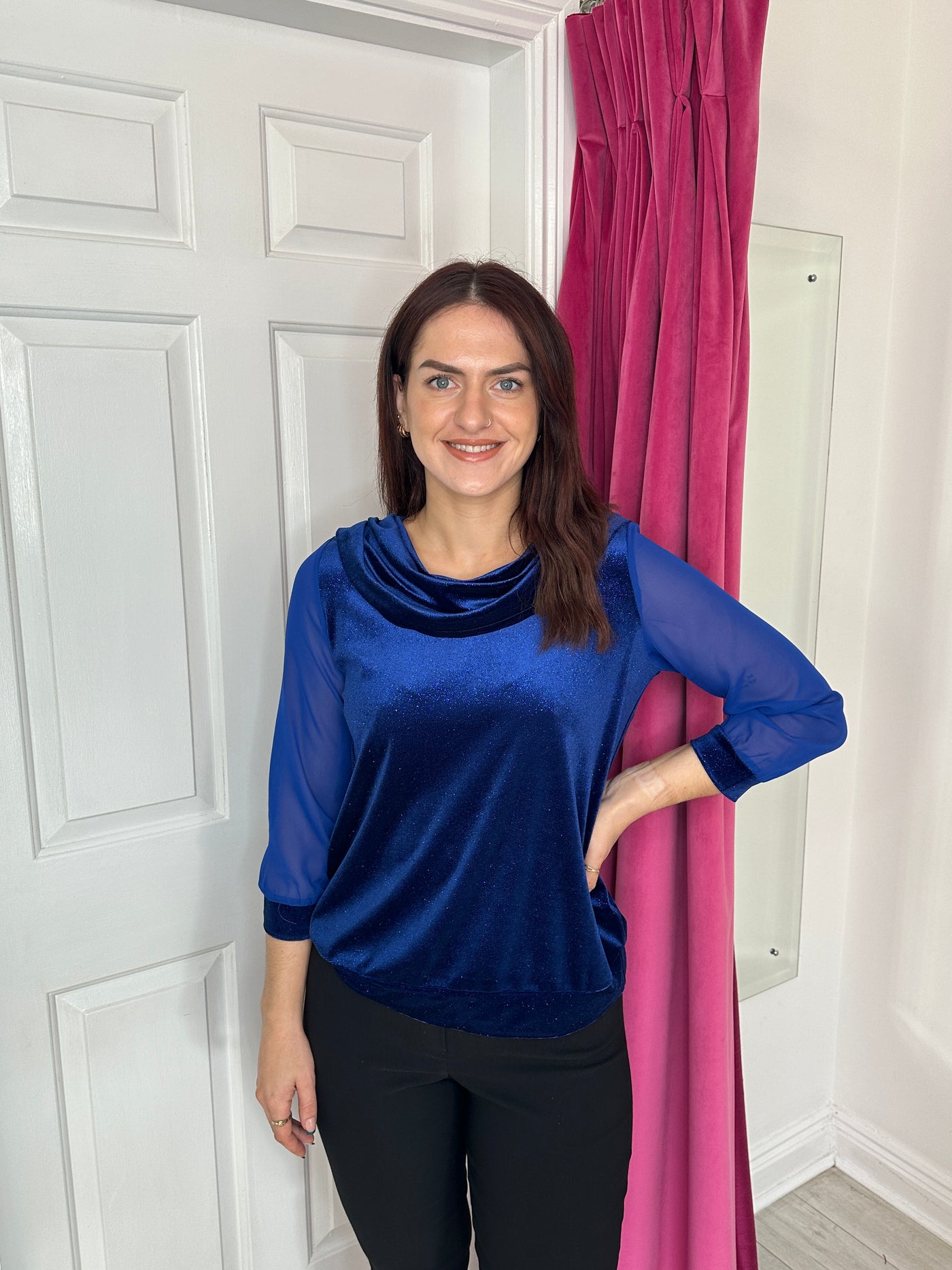 Royal Blue Glitter Cowl Neck  Top With Sheer Sleeve