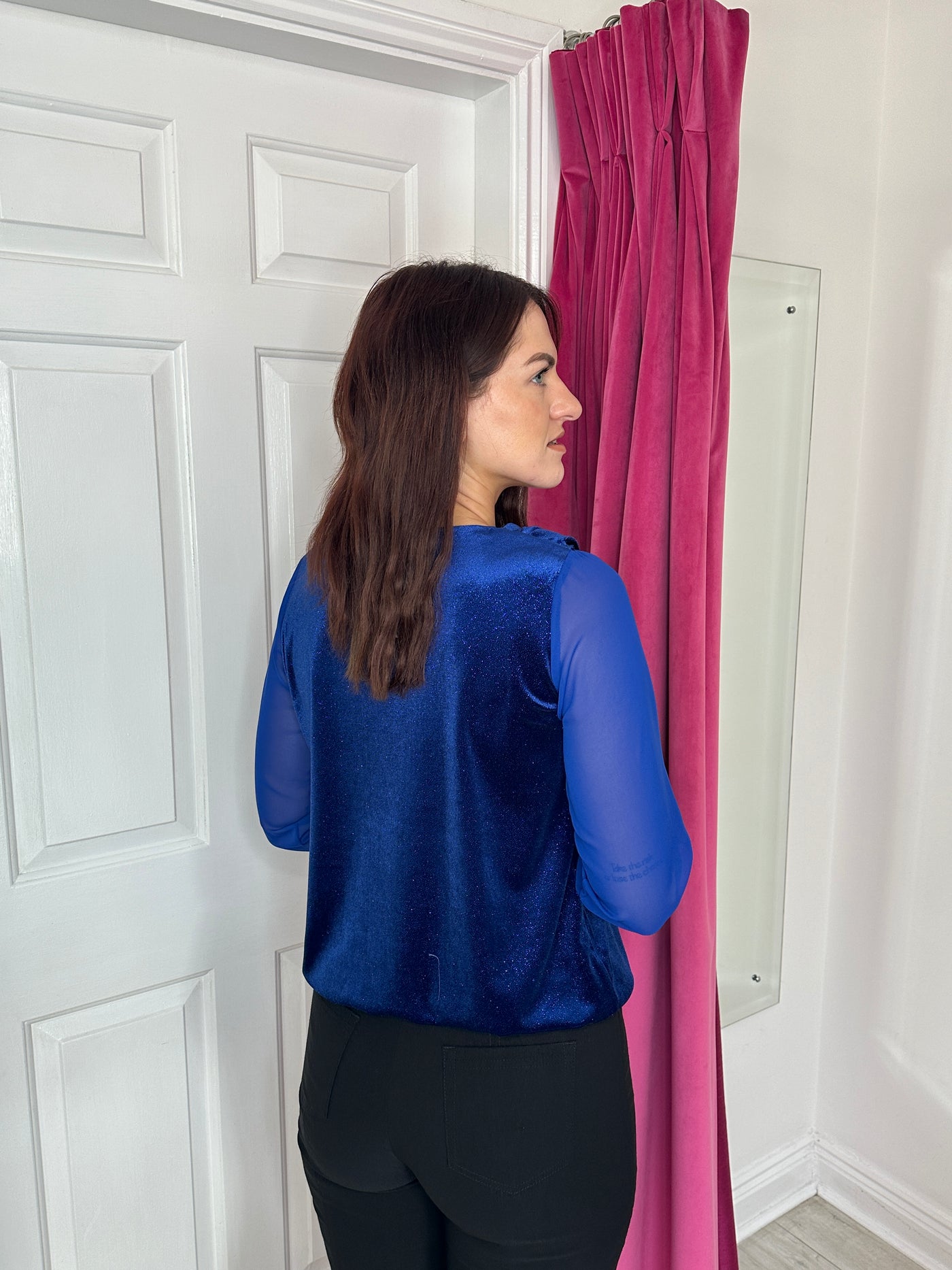 Royal Blue Glitter Cowl Neck  Top With Sheer Sleeve