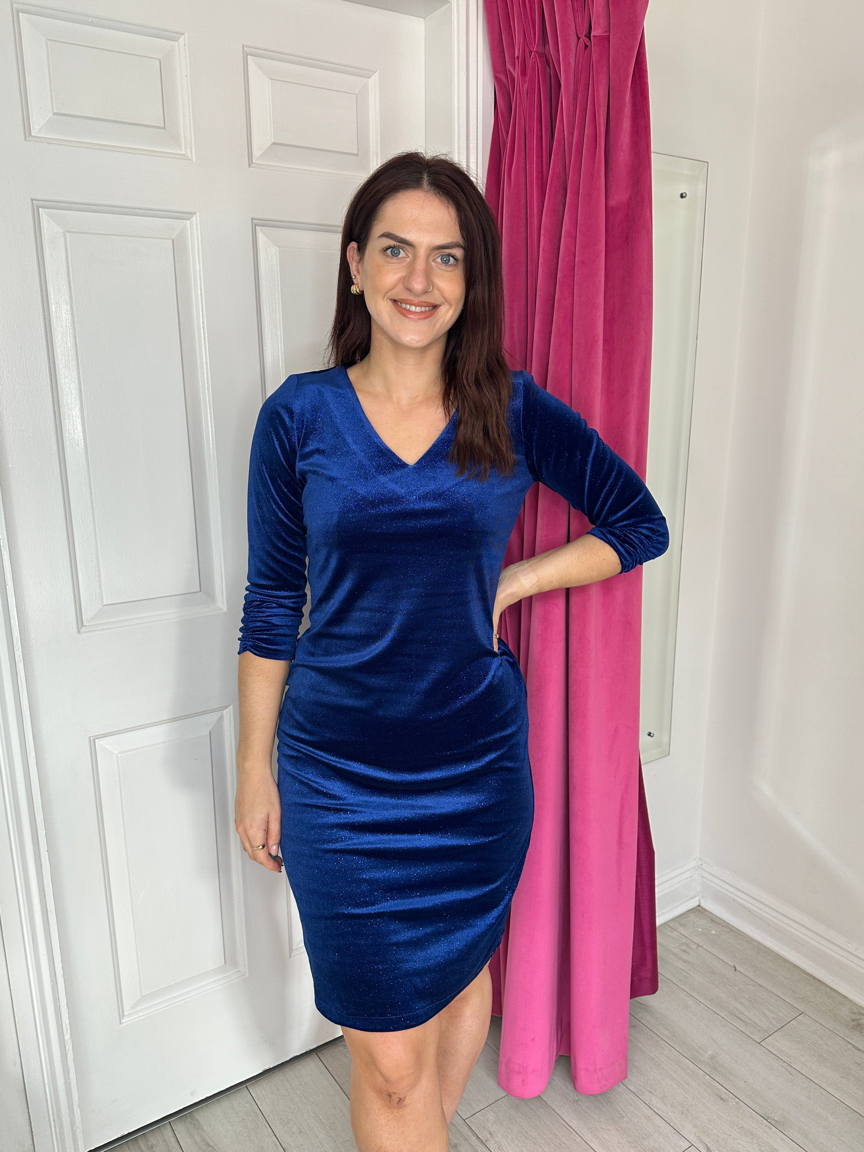 Royal Blue Glitter Dress with V-Neck and Rouched Sleeves – La Creme ...