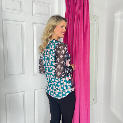 Graphic Print Top with Mini V-Neck & Sheer Sleeve