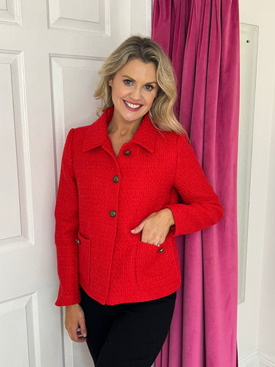 Red Boucle Style Jacket with Front Pockets & Brass Button Detail