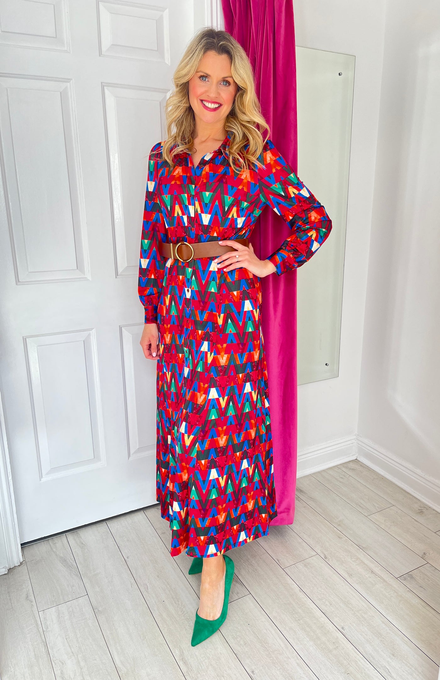 Multicoloured Dress with Zig Zag Pattern with Front Buttons and Belt