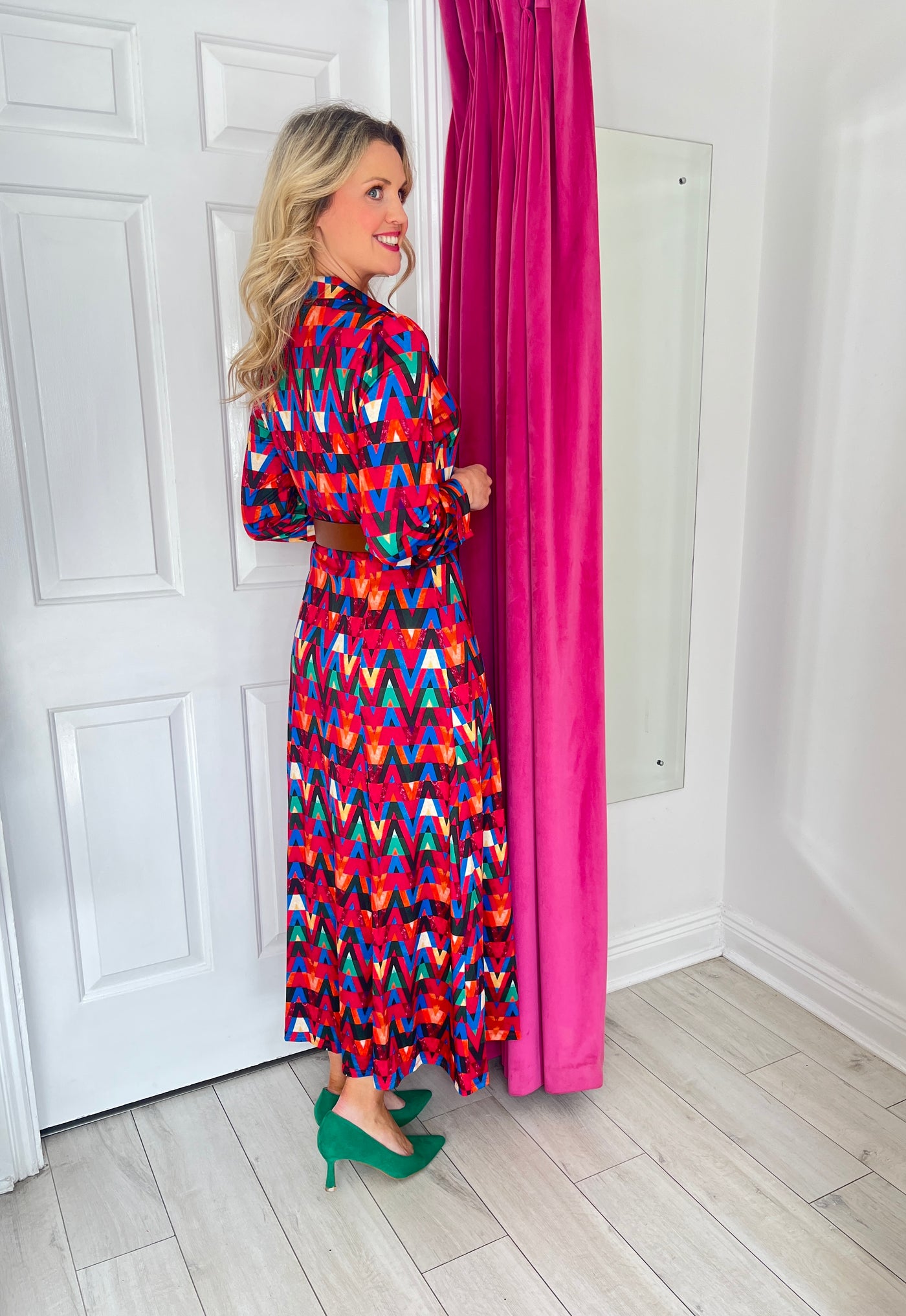 Multicoloured Dress with Zig Zag Pattern with Front Buttons and Belt