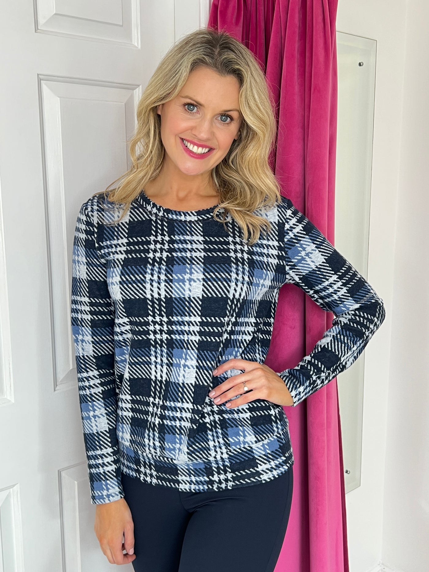 Shades of Blue Check Jumper with Round Neck