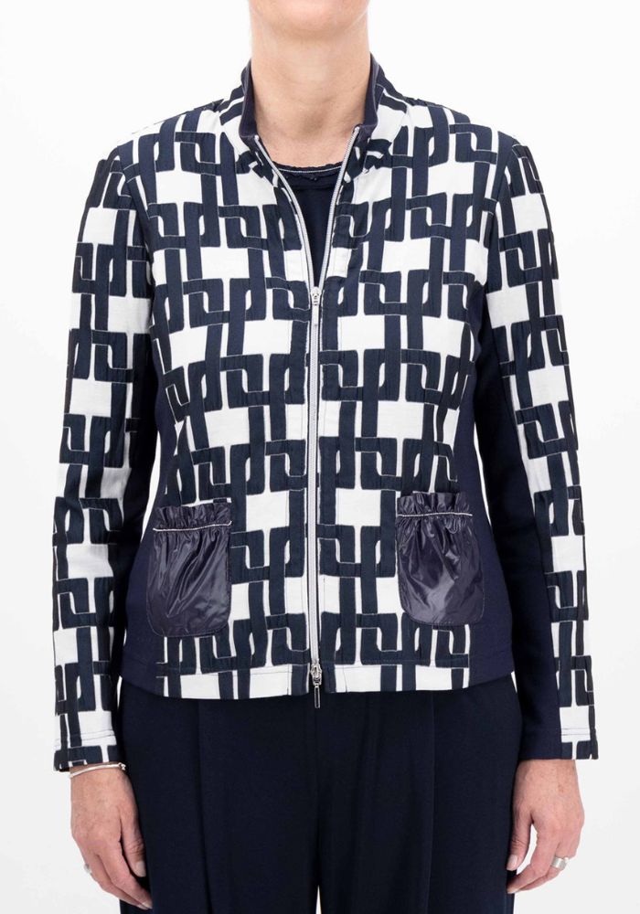 Navy & Cream Patterned Jacket Side Panels and Zip