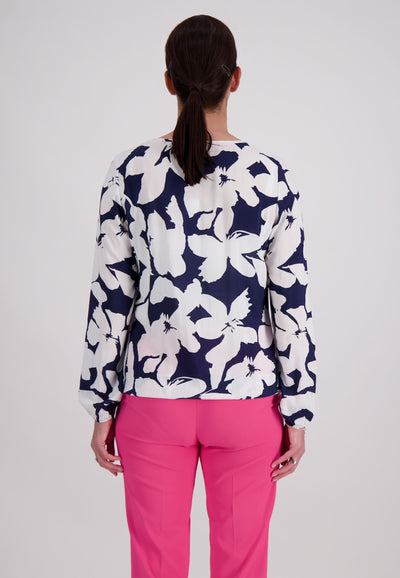 Navy & White Floral Print Top with Elasticated Waist