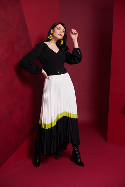 Pleated Dress With Lime Colour Stripe and Belt