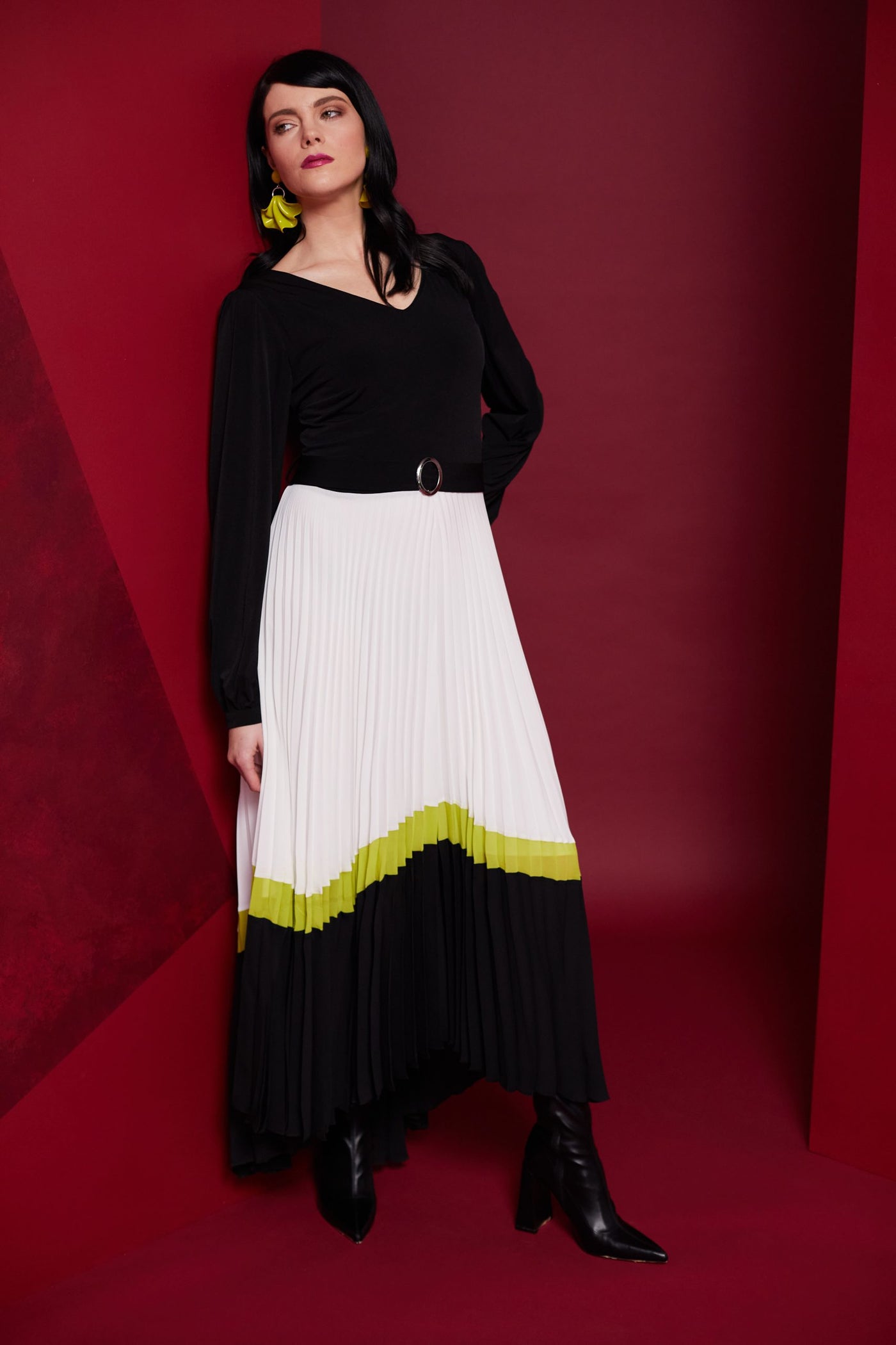 Pleated Dress With Lime Colour Stripe and Belt