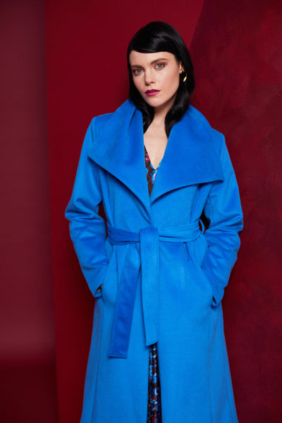 Blue Wrap Coat with Collar and Tie Belt