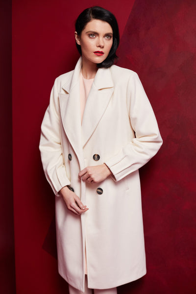 Cream Coat with Pleated Cuff and Button Detail