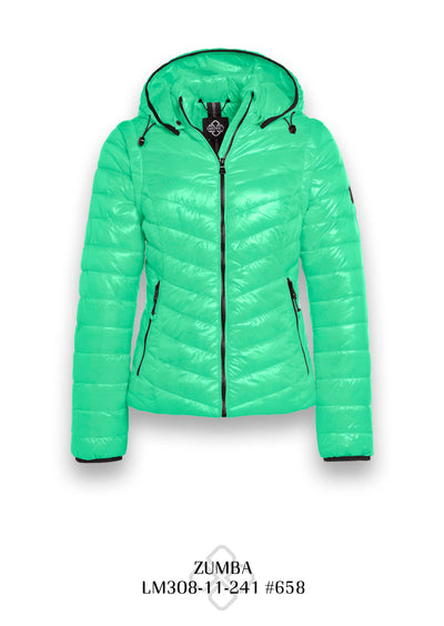 Green Puffer Jacket with Detachable Hood and Zipped Pockets