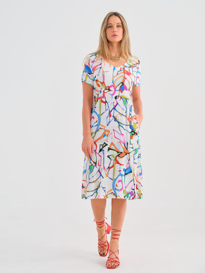 Abstract Print Dress with V-Neck and Pockets