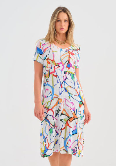 Abstract Print Dress with V-Neck and Pockets