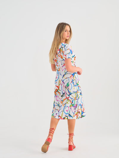 Abstract Print Dress with V-Neck and Pockets